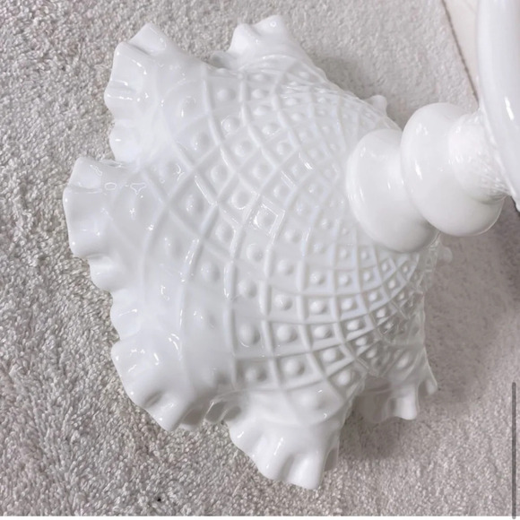 Vintage Fenton Milk Glass Hobnail Ruffle Edge Pedestal Compote Candle Holder - Picture 10 of 15